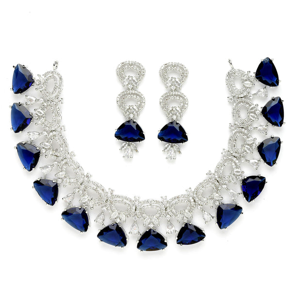 Rhodium-Plated with Silver-Toned Navy Blue and White American Diamond Studded Choker Necklace and Drop Earrings Jewellery Set