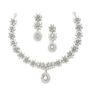 Rhodium-Plated with Silver-Toned Floral Design White American Diamond Studded Jewellery Set