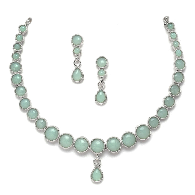 Oxidised Silver-Plated Lime Green Round American Diamond Studded Necklace with Earring Jewellery Set