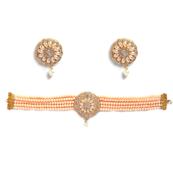 Off-White Gold-Plated Pearl Studded Detailing Pendant With Multistrand Beads Strap Choker Necklace Set