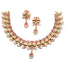 Gold-Plated Red Artificial Stone Studded Antique Necklace with Earrings Jewellery Set