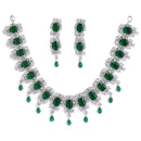 Rhodium-Plated with Silver-Tone & Green American Diamond Stone Studded Jewellery Set