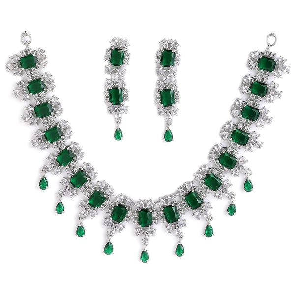 Rhodium-Plated with Silver-Tone & Green American Diamond Stone Studded Jewellery Set