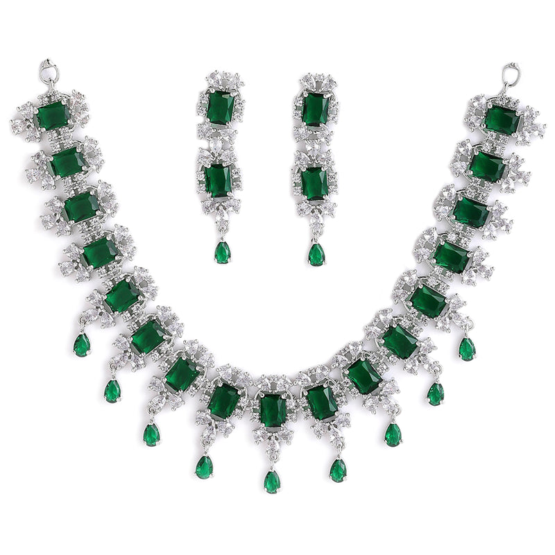 Rhodium-Plated with Silver-Tone & Green American Diamond Stone Studded Jewellery Set