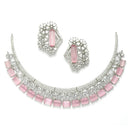 Rhodium-Plated with Silver-Toned White and Pink American Diamond Studded Jewellery Set