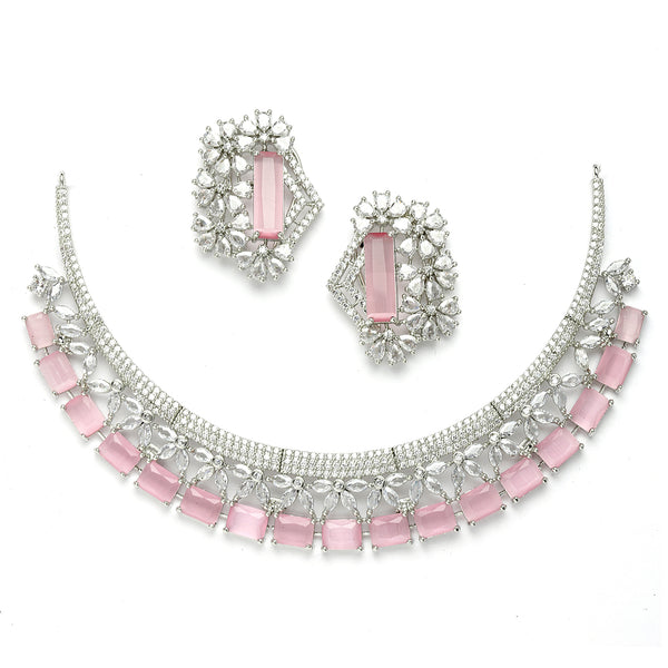 Rhodium-Plated with Silver-Toned White and Pink American Diamond Studded Jewellery Set