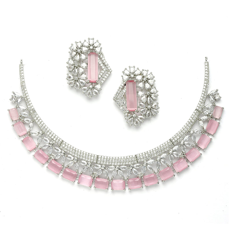Rhodium-Plated with Silver-Toned White and Pink American Diamond Studded Jewellery Set