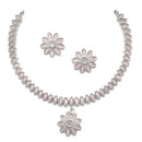 Oxidised Silver-Plated Flower & Leaf Pink American Diamond Studded Necklace Earrings Jewellery Set