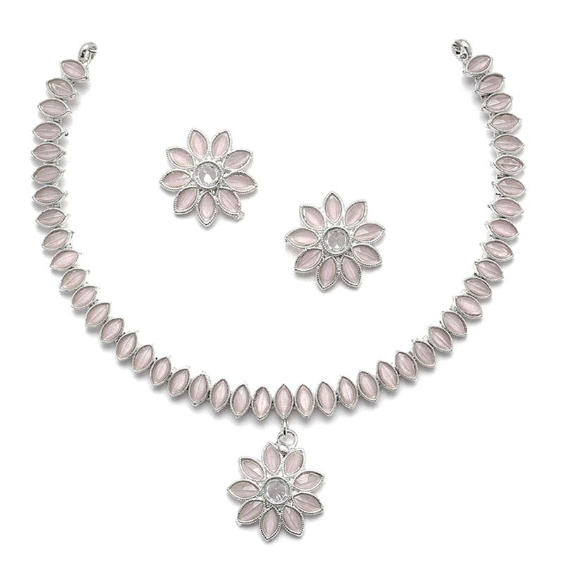 Oxidised Silver-Plated Flower & Leaf Pink American Diamond Studded Necklace Earrings Jewellery Set