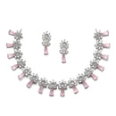 Rhodium-Plated Silver Toned Teardrop Pink American Diamond Studded Necklace Earrings Jewellery Set
