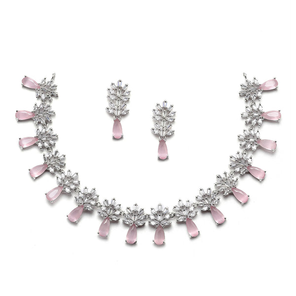Rhodium-Plated Silver Toned Teardrop Pink American Diamond Studded Necklace Earrings Jewellery Set