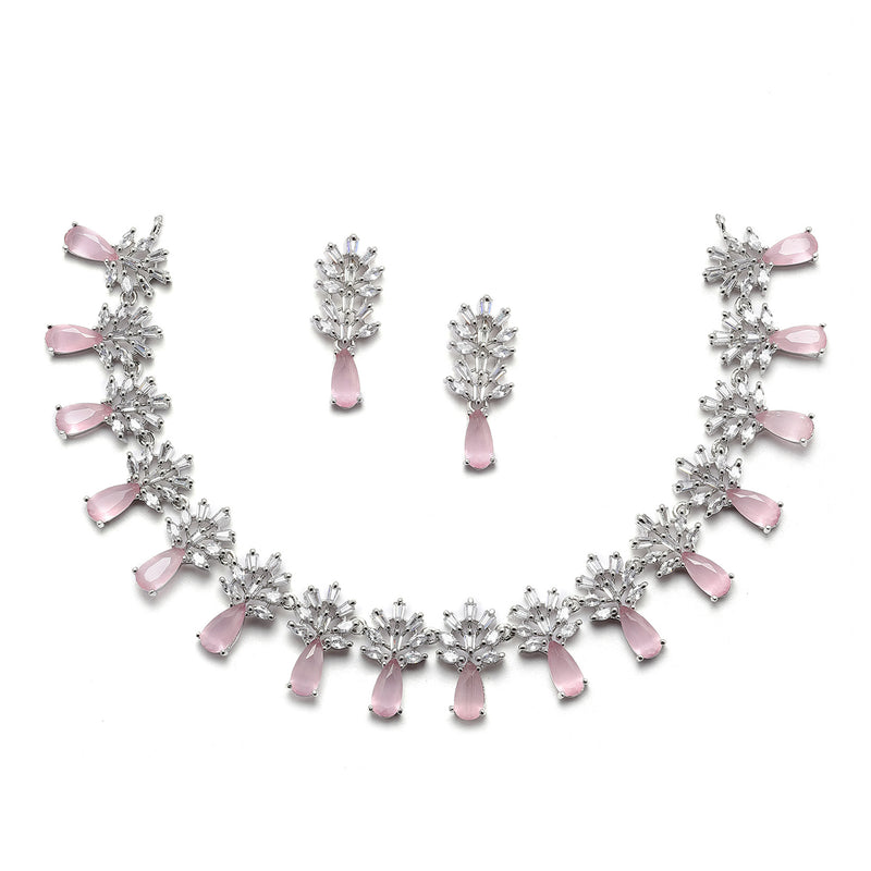 Rhodium-Plated Silver Toned Teardrop Pink American Diamond Studded Necklace Earrings Jewellery Set