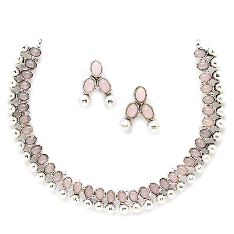 Rhodium-Plated with Oxidized Silver-Toned Pink Cubic Zirconia Stone Studded & White Pearl Beaded Necklace and Earrings Jewellery Set