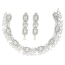 Rhodium-Plated with Silver-Toned White American Diamond Studded Necklace and Earrings Jewellery Set