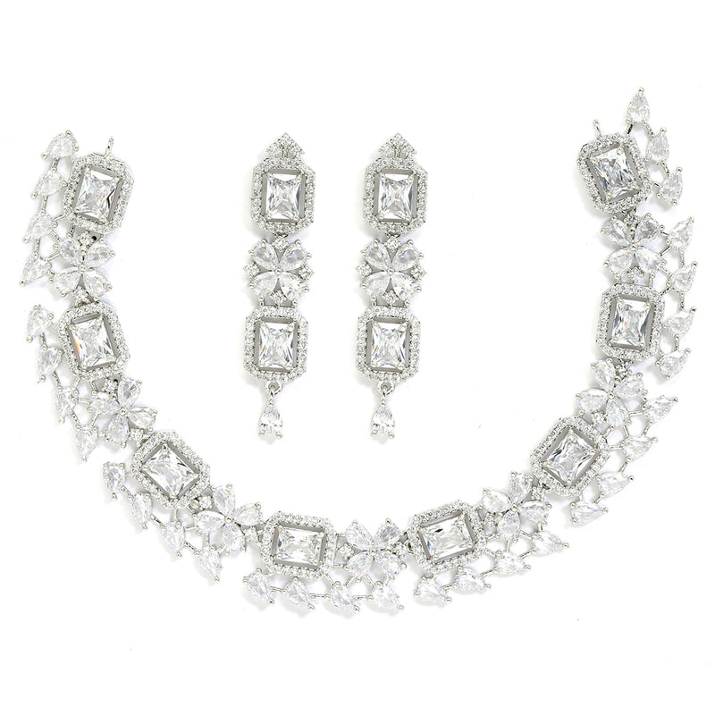 Rhodium-Plated with Silver-Toned White American Diamond Studded Necklace and Earrings Jewellery Set