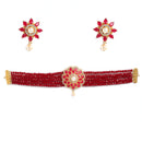 Gold-Toned Red & White American Diamond-Studded & Beaded Choker Jewellery Set