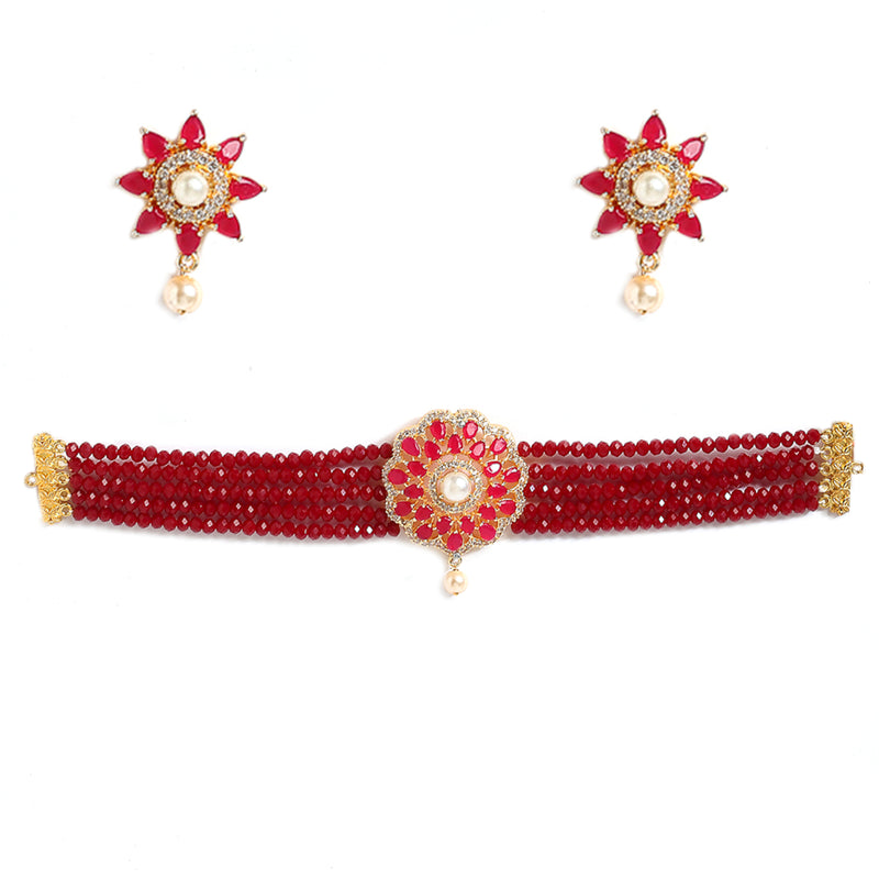 Gold-Toned Red & White American Diamond-Studded & Beaded Choker Jewellery Set