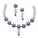 Rhodium-Plated Silver Toned Star Navy Blue American Diamond Studded Necklace Earrings Jewellery Set
