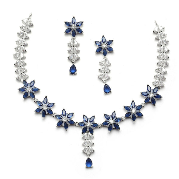 Rhodium-Plated Silver Toned Star Navy Blue American Diamond Studded Necklace Earrings Jewellery Set