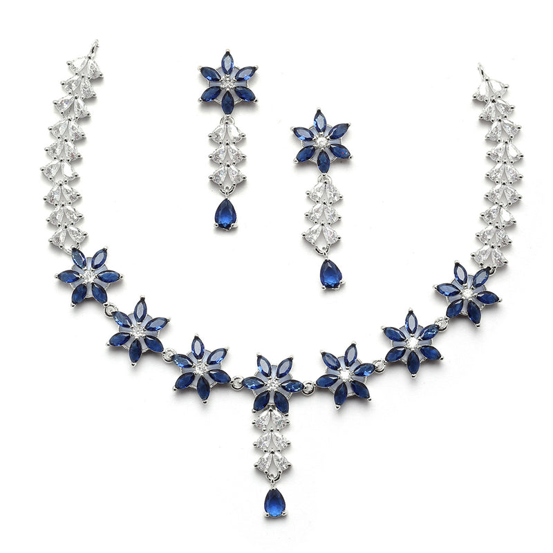 Rhodium-Plated Silver Toned Star Navy Blue American Diamond Studded Necklace Earrings Jewellery Set