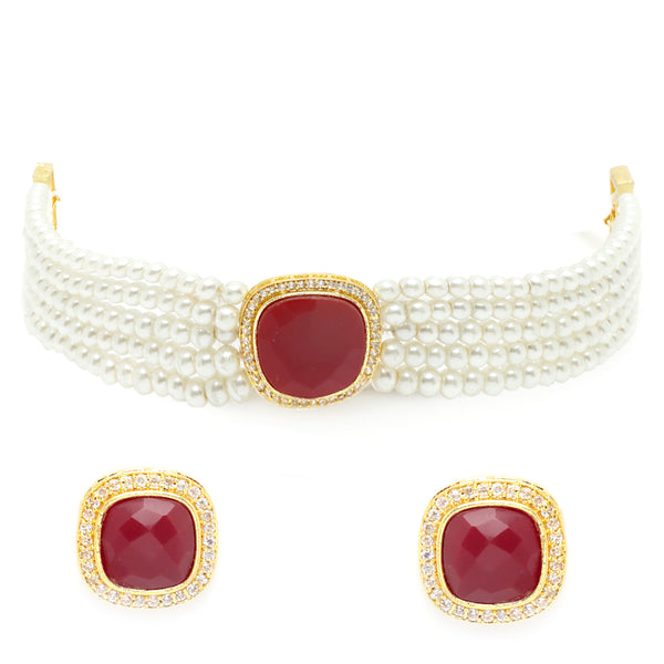 Red & White Gold-Plated Pearls & Stone Studded Jewellery Set