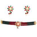 Red & Green Gold-Plated American Diamond Stone Studded & Beaded Jewellery Set