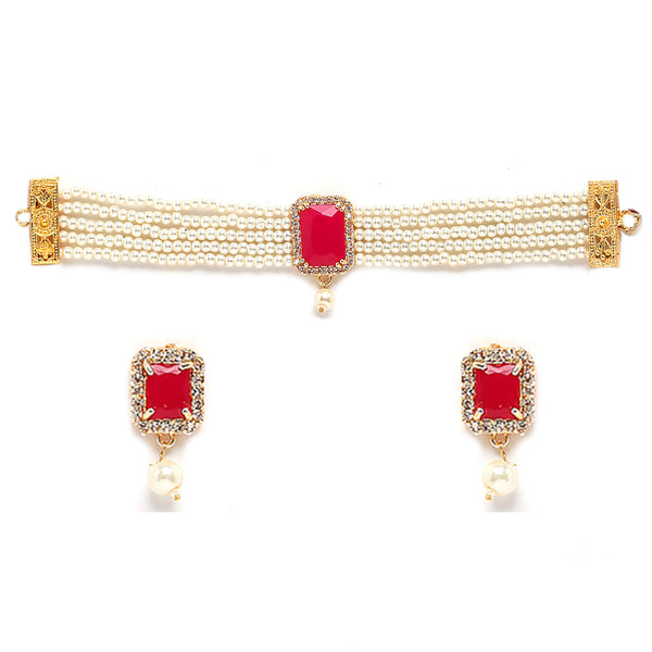 Red & White Gold-Plated  American Diamond Stone-Studded & Beaded Jewellery Set