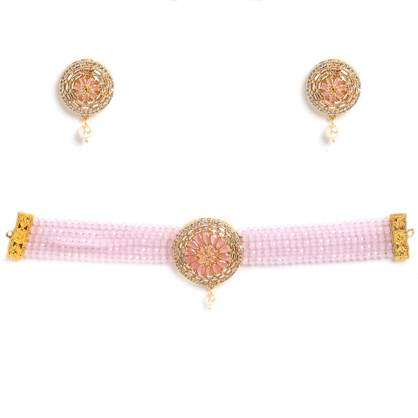 Gold-Plated with Peach-Toned & Pink AD-Studded & Beaded Jewellery Set