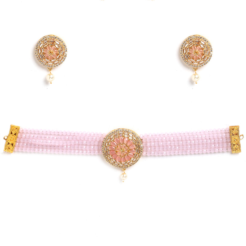 Gold-Plated with Peach-Toned & Pink AD-Studded & Beaded Jewellery Set