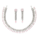 Rhodium-Plated with Silver-Tone Pink American Diamond-Studded Jewellery Set