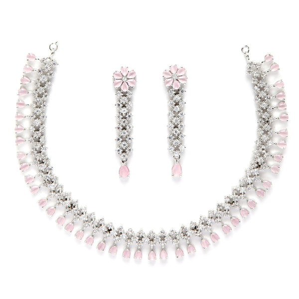 Rhodium-Plated with Silver-Tone Pink American Diamond-Studded Jewellery Set