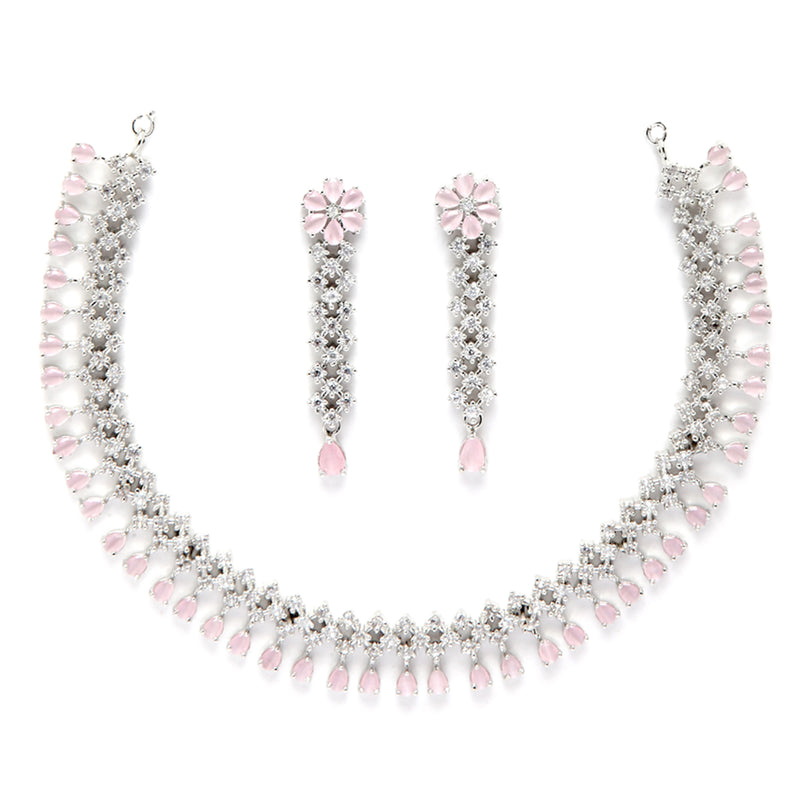 Rhodium-Plated with Silver-Tone Pink American Diamond-Studded Jewellery Set