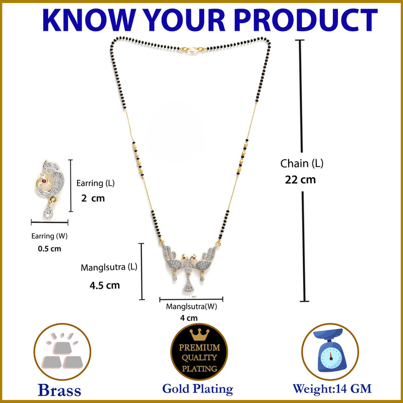 Mangalsutra Gold Plated American Diamond Peacock Style Mangalsutra with Earrings Jewellery for Women's Pride