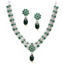 Rhodium-Plated with Oxidised Silver-Tone Green American Diamond-Studded & Pearl Beaded Jewellery Set