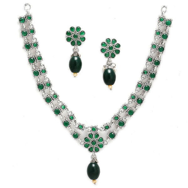 Rhodium-Plated with Oxidised Silver-Tone Green American Diamond-Studded & Pearl Beaded Jewellery Set