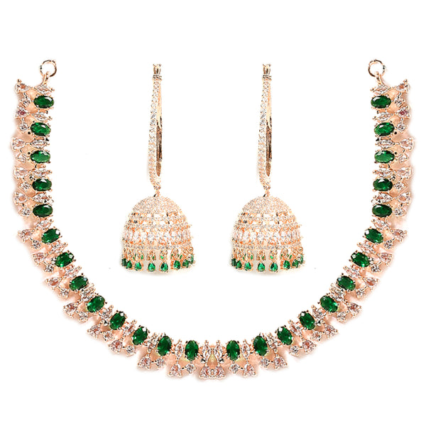 Rose Gold-Plated White & Green American Diamond Studded Jewellery Set