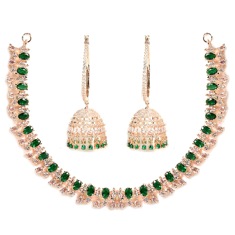 Rose Gold-Plated White & Green American Diamond Studded Jewellery Set