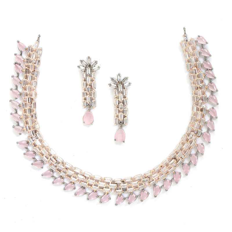 Rose Gold-Plated Pink and Rose Black American Diamond Studded Necklace & Earrings Jewellery Set