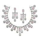 Rhodium-Plated Silver Toned Square Pink American Diamond Studded Necklace with Earring Jewellery Set