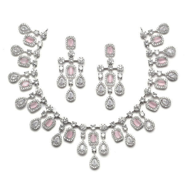 Rhodium-Plated Silver Toned Square Pink American Diamond Studded Necklace with Earring Jewellery Set