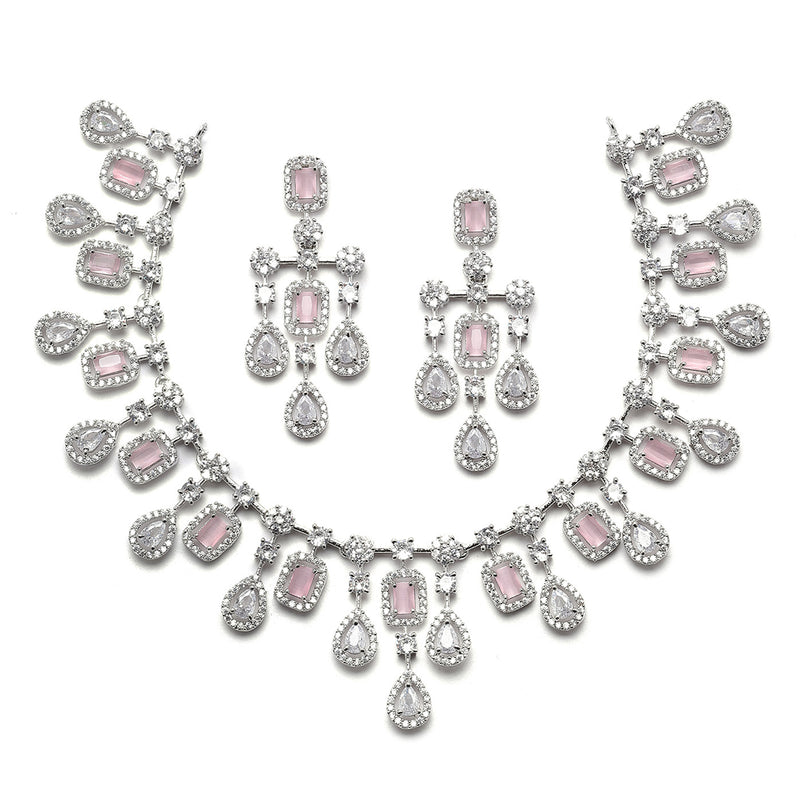 Rhodium-Plated Silver Toned Square Pink American Diamond Studded Necklace with Earring Jewellery Set