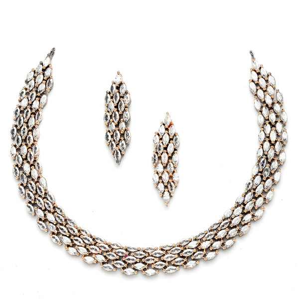 Rose Gold-Plated Rose Black American Diamond Studded Jewellery Set