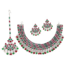 Rhodium-Plated with Silver-Tone Silver-Plated Red & Green Stones Studded Jewellery Set