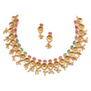 Gold-Plated Green & Red Artificial Stone Studded Antique Necklace with Earrings Jewellery Set