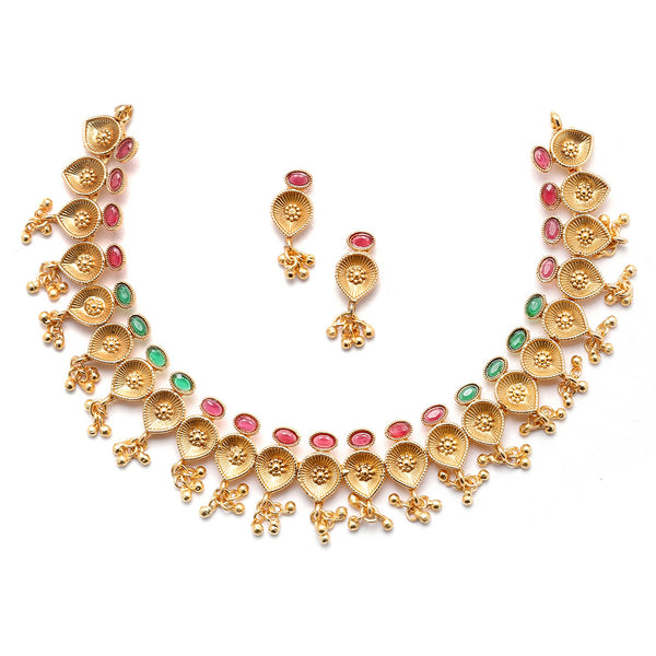 Gold-Plated Green & Red Artificial Stone Studded Antique Necklace with Earrings Jewellery Set