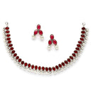 Rhodium-Plated with Oxidised Silver-Tone Red American Diamond-Studded & Pearl Beaded Jewellery Set
