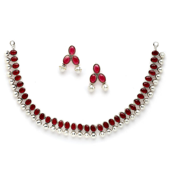Rhodium-Plated with Oxidised Silver-Tone Red American Diamond-Studded & Pearl Beaded Jewellery Set