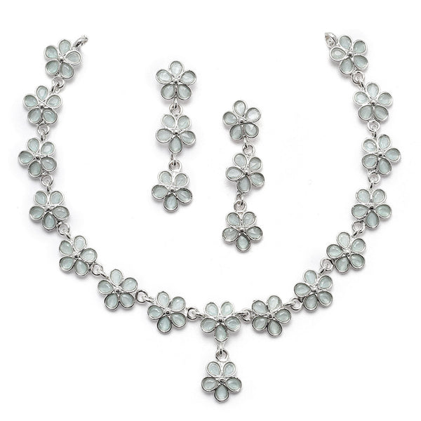 Oxidised Silver-Plated Flower Shaped Lime Green American Diamond Studded Necklace Earrings Jewellery Set