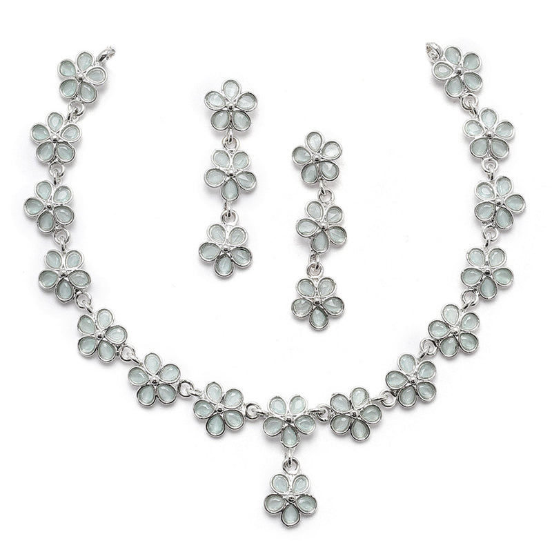Oxidised Silver-Plated Flower Shaped Lime Green American Diamond Studded Necklace Earrings Jewellery Set