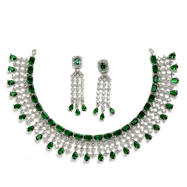 Rhodium-Plated with Silver-Toned Green American Diamond Studded Jewellery Set
